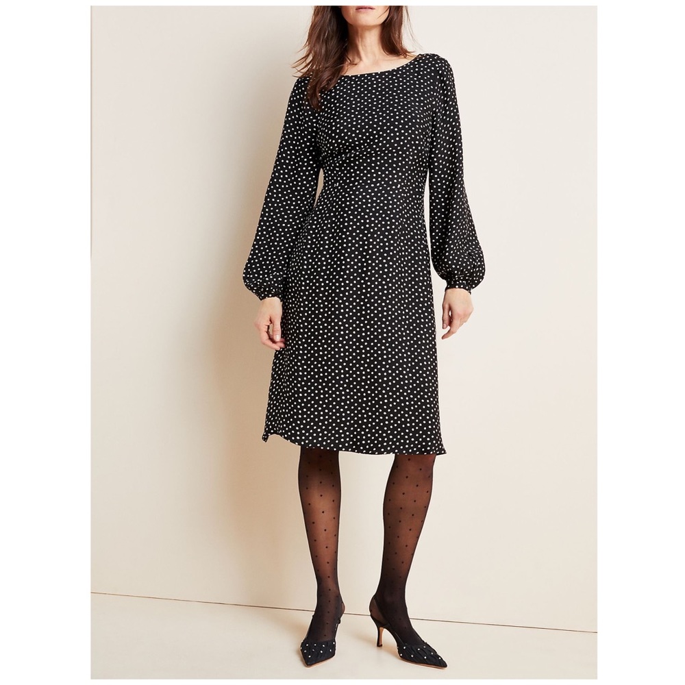 Agatha Black White Polka Dot Midi Dress Puff Sleeve Cutout Back